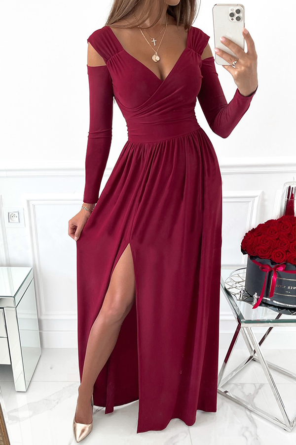 Casual Elegant Solid Hollowed Out Slit V Neck Waist Skirt Dresses - Fashionpara