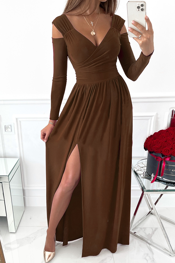 Casual Elegant Solid Hollowed Out Slit V Neck Waist Skirt Dresses - Fashionpara
