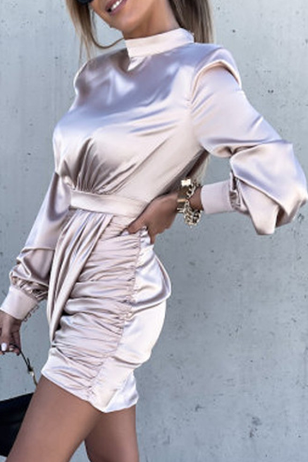 Fashion Elegant Solid Split Joint Fold Mandarin Collar Wrapped Skirt Dresses(3 colors) - Fashionpara