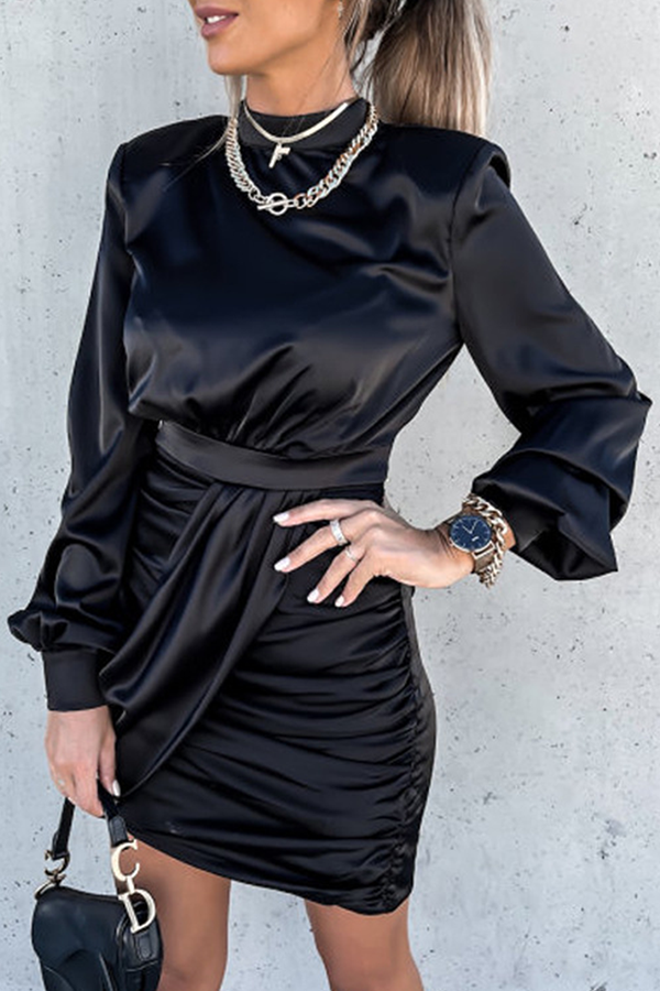 Fashion Elegant Solid Split Joint Fold Mandarin Collar Wrapped Skirt Dresses(3 colors) - Fashionpara