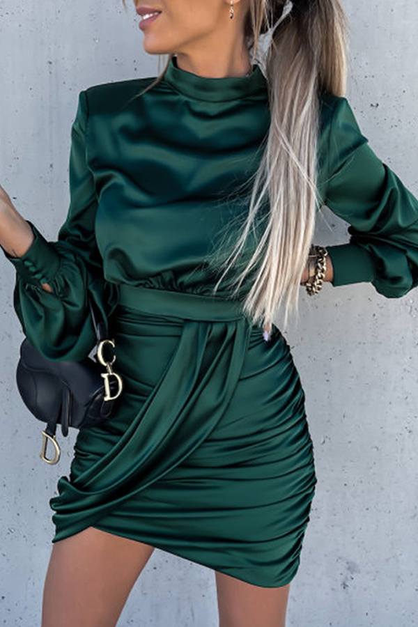 Fashion Elegant Solid Split Joint Fold Mandarin Collar Wrapped Skirt Dresses(3 colors) - Fashionpara