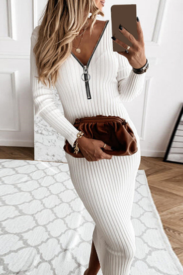 Fashion Elegant Zipper V Neck Pencil Skirt Dresses(3 Colors) - Fashionpara