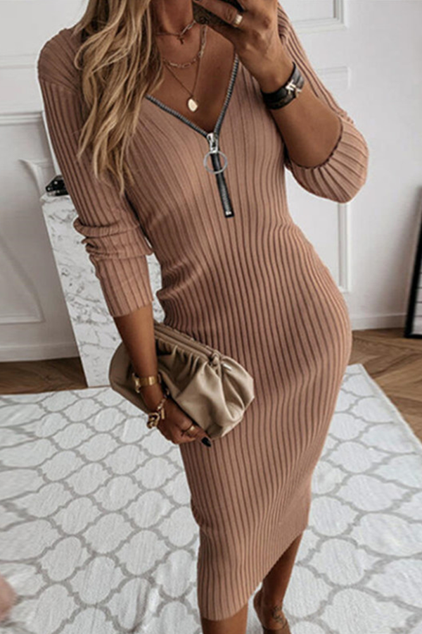 Fashion Elegant Zipper V Neck Pencil Skirt Dresses(3 Colors) - Fashionpara