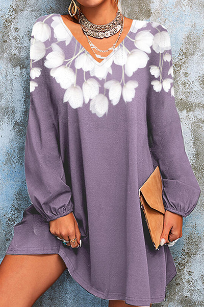 Casual Floral Split Joint  Contrast V Neck A Line Dresses - Fashionpara