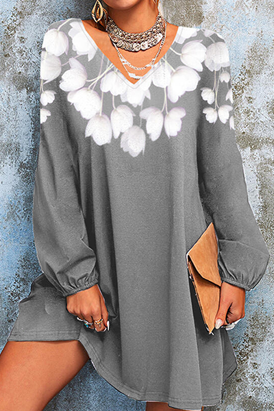 Casual Floral Split Joint  Contrast V Neck A Line Dresses - Fashionpara