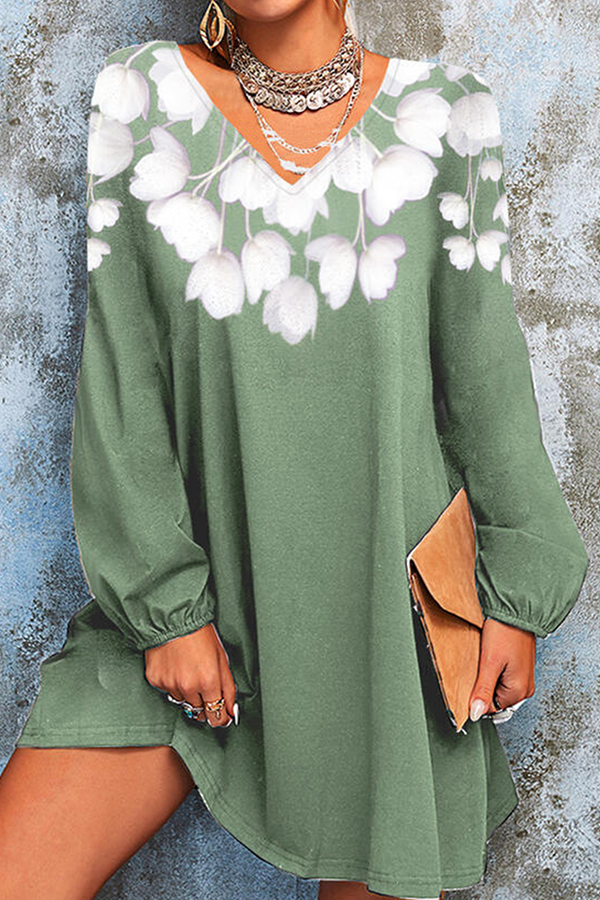 Casual Floral Split Joint  Contrast V Neck A Line Dresses - Fashionpara