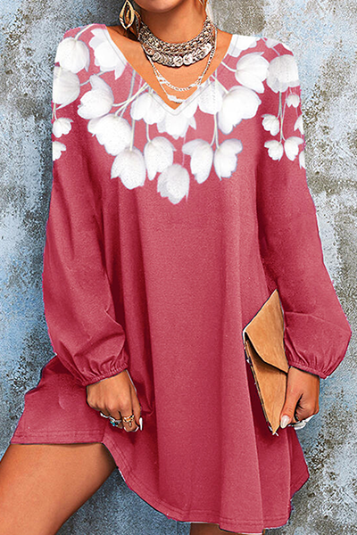 Casual Floral Split Joint  Contrast V Neck A Line Dresses - Fashionpara