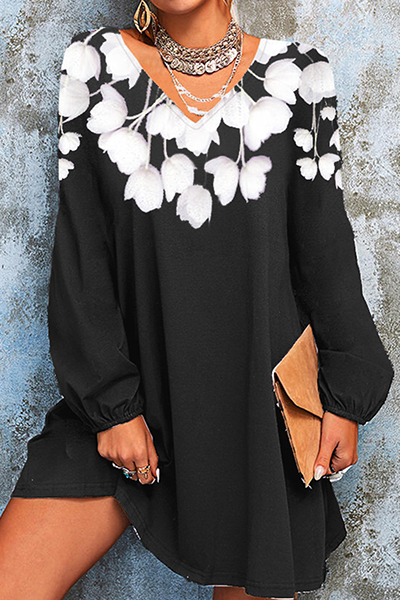 Casual Floral Split Joint  Contrast V Neck A Line Dresses - Fashionpara