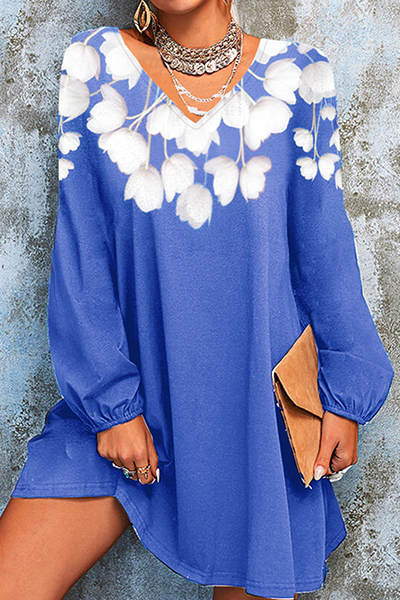 Casual Floral Split Joint  Contrast V Neck A Line Dresses - Fashionpara