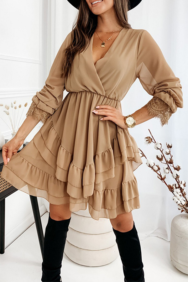 Fashion Elegant Solid Lace Flounce V Neck A Line Dresses - Fashionpara