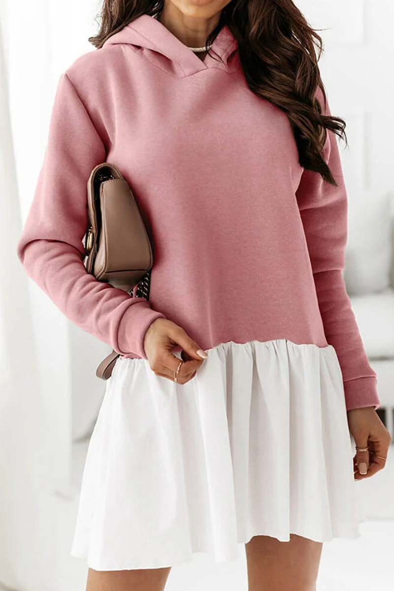 Fashion Casual Patchwork Fold  Contrast Hooded Collar A Line Dresses - Fashionpara