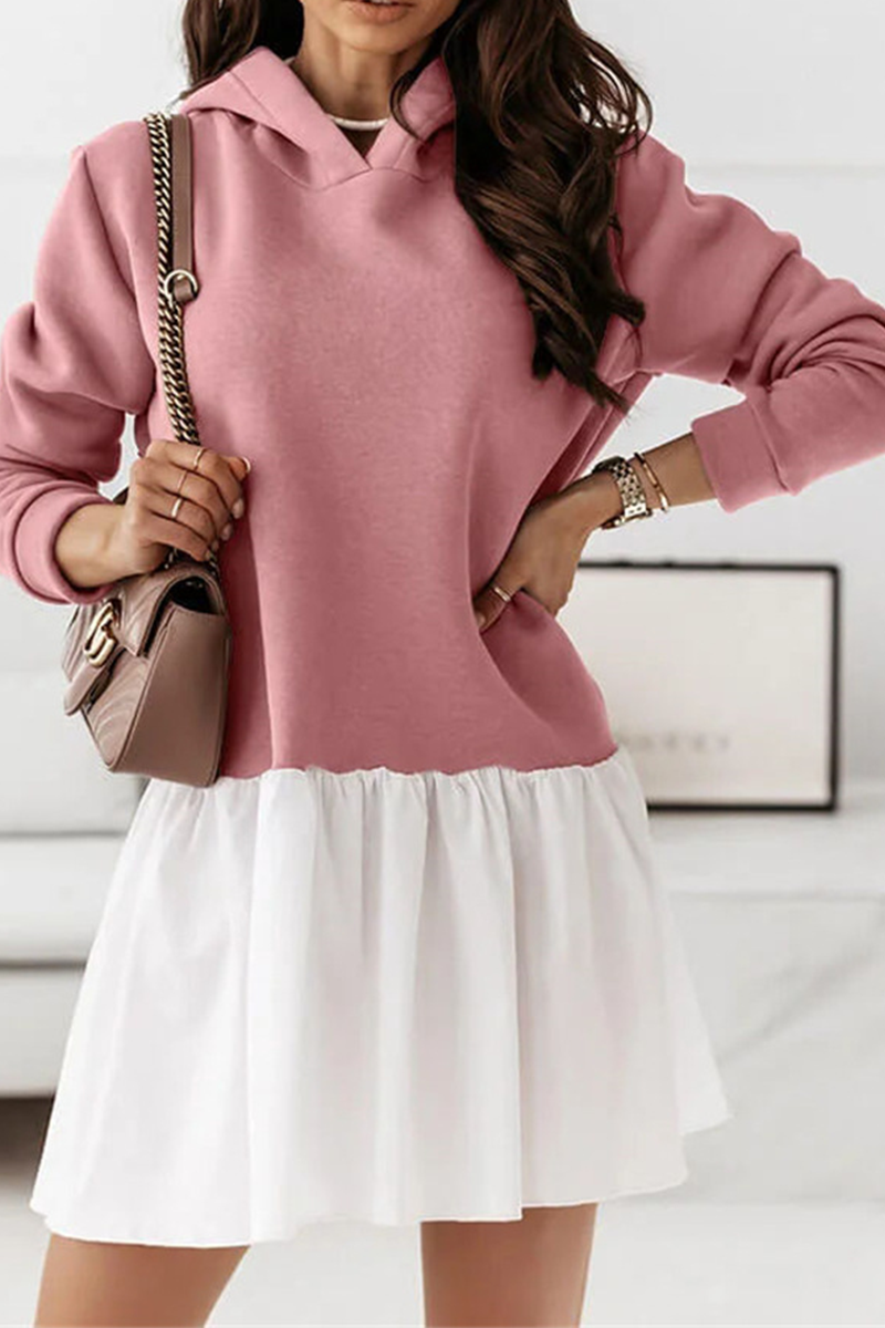 Fashion Casual Patchwork Fold  Contrast Hooded Collar A Line Dresses - Fashionpara