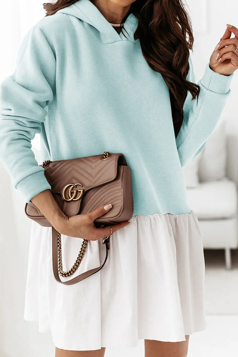 Fashion Casual Patchwork Fold  Contrast Hooded Collar A Line Dresses - Fashionpara