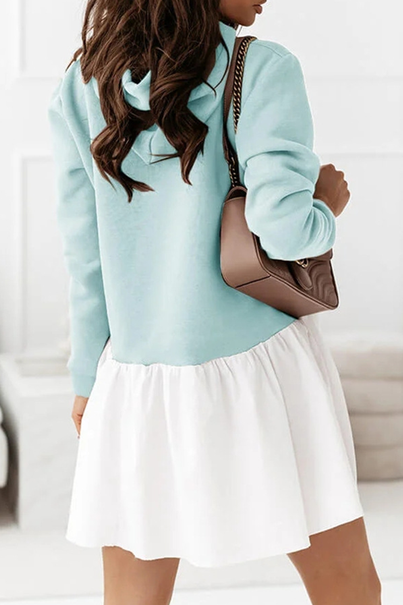 Fashion Casual Patchwork Fold  Contrast Hooded Collar A Line Dresses - Fashionpara