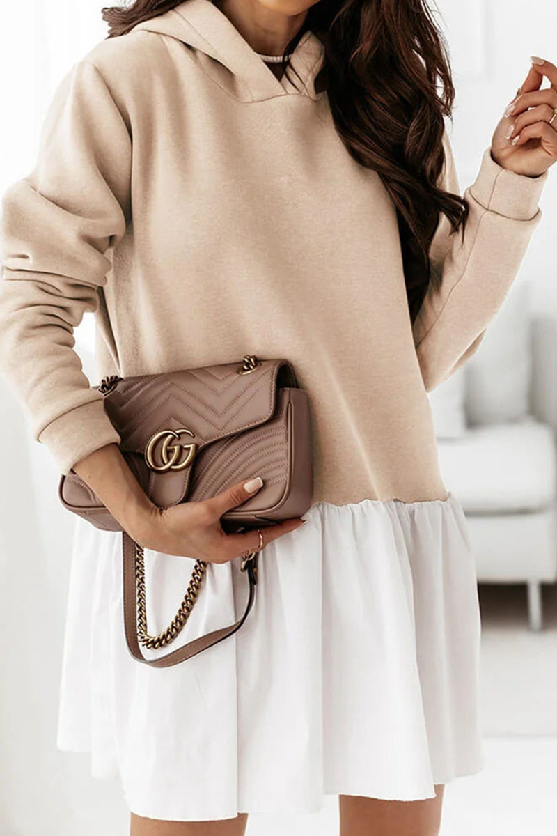 Fashion Casual Patchwork Fold  Contrast Hooded Collar A Line Dresses - Fashionpara
