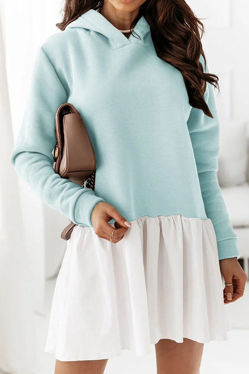 Fashion Casual Patchwork Fold  Contrast Hooded Collar A Line Dresses - Fashionpara