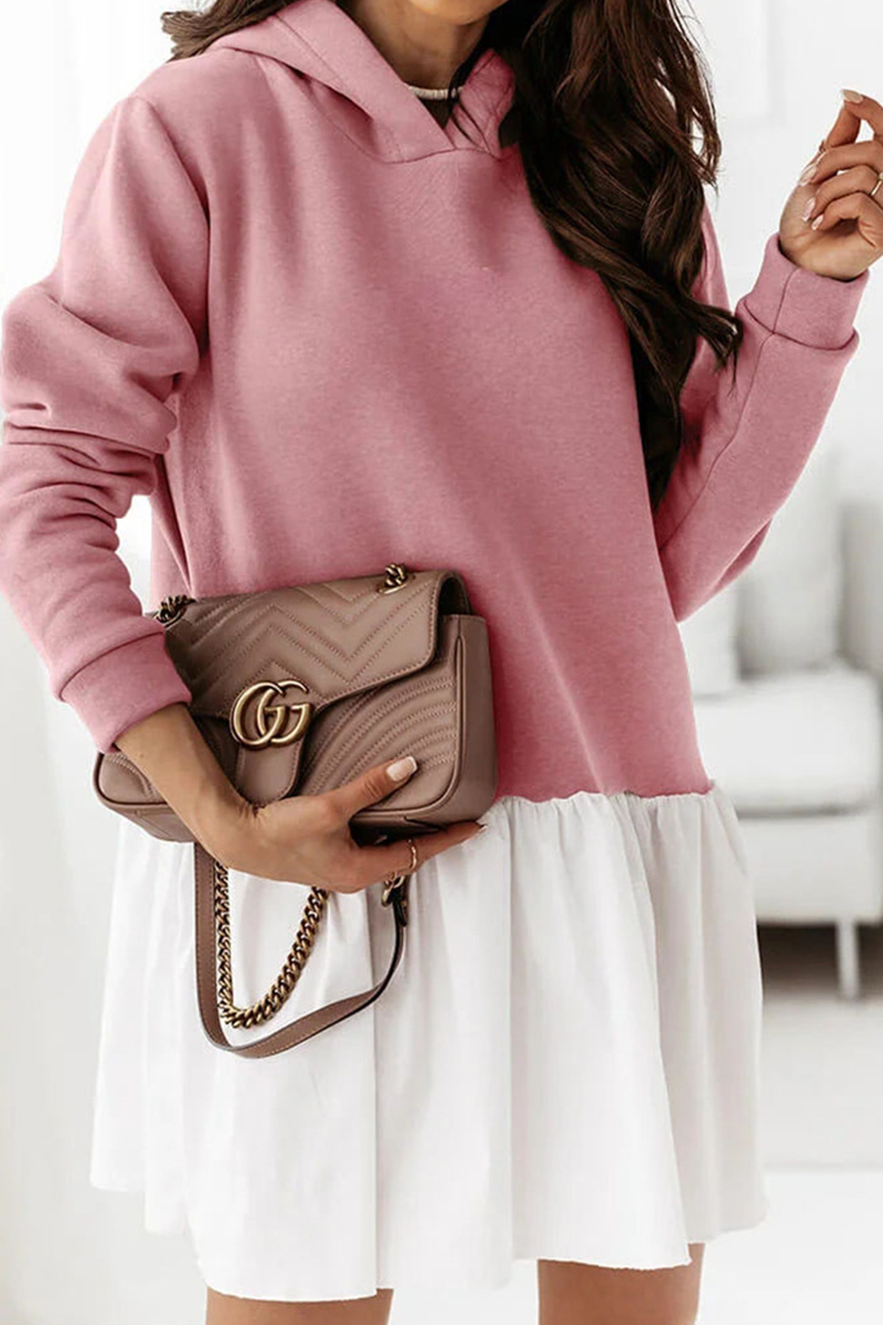 Fashion Casual Patchwork Fold  Contrast Hooded Collar A Line Dresses - Fashionpara