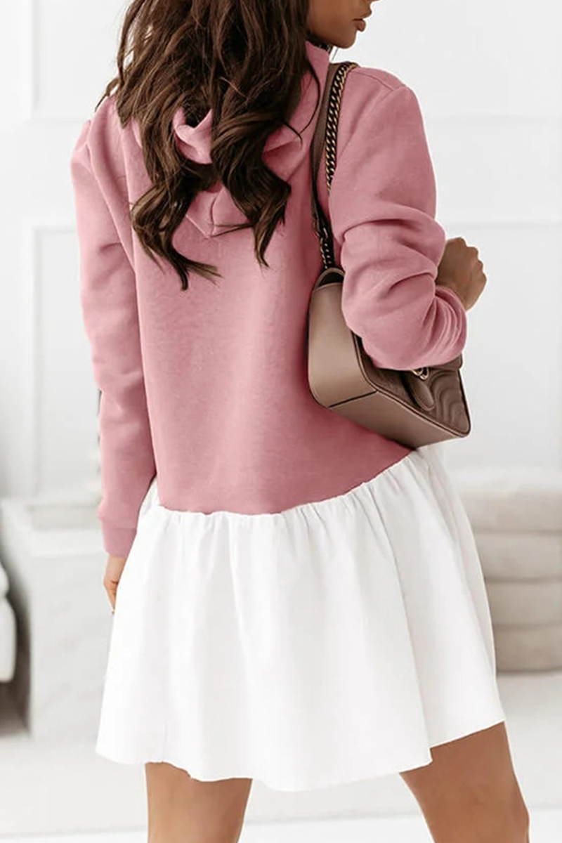 Fashion Casual Patchwork Fold  Contrast Hooded Collar A Line Dresses - Fashionpara
