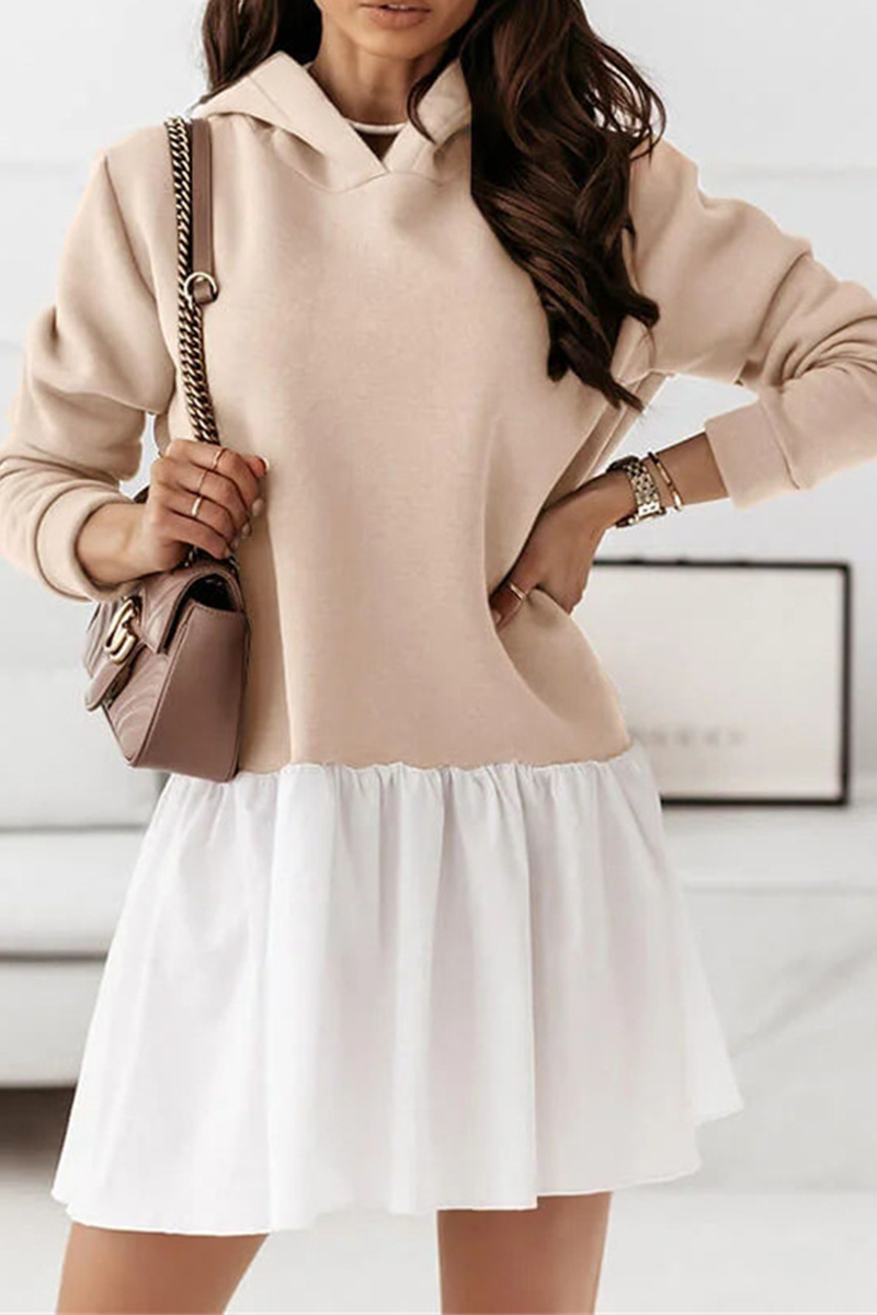 Fashion Casual Patchwork Fold  Contrast Hooded Collar A Line Dresses - Fashionpara