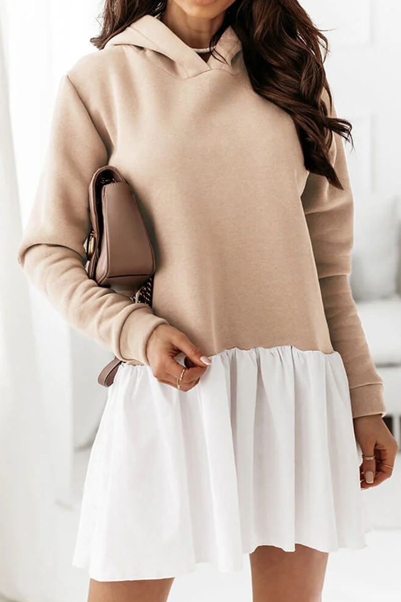 Fashion Casual Patchwork Fold  Contrast Hooded Collar A Line Dresses - Fashionpara