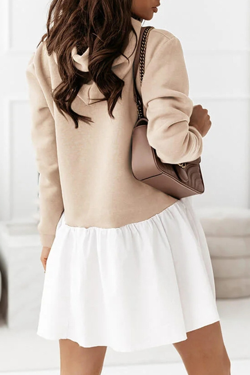 Fashion Casual Patchwork Fold  Contrast Hooded Collar A Line Dresses - Fashionpara
