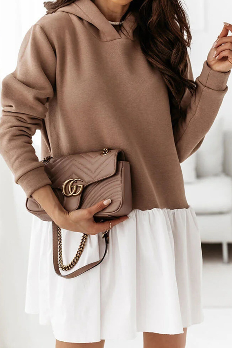 Fashion Casual Patchwork Fold  Contrast Hooded Collar A Line Dresses - Fashionpara