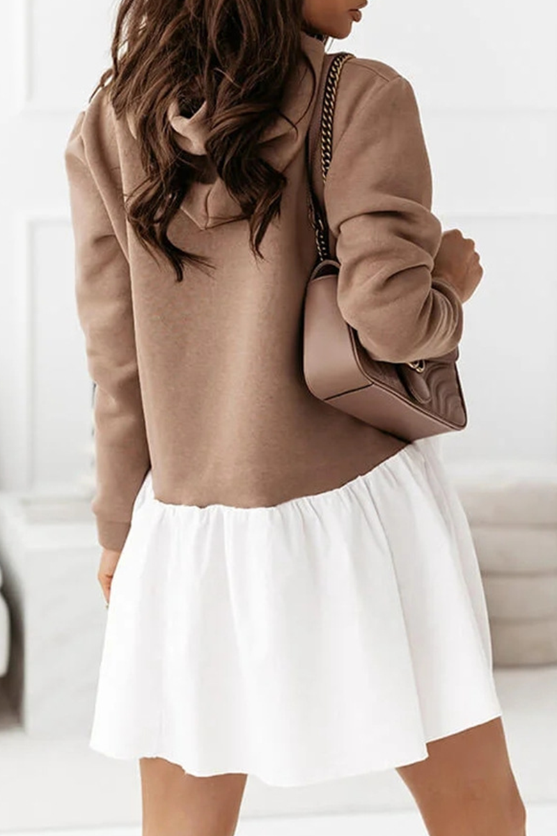 Fashion Casual Patchwork Fold  Contrast Hooded Collar A Line Dresses - Fashionpara
