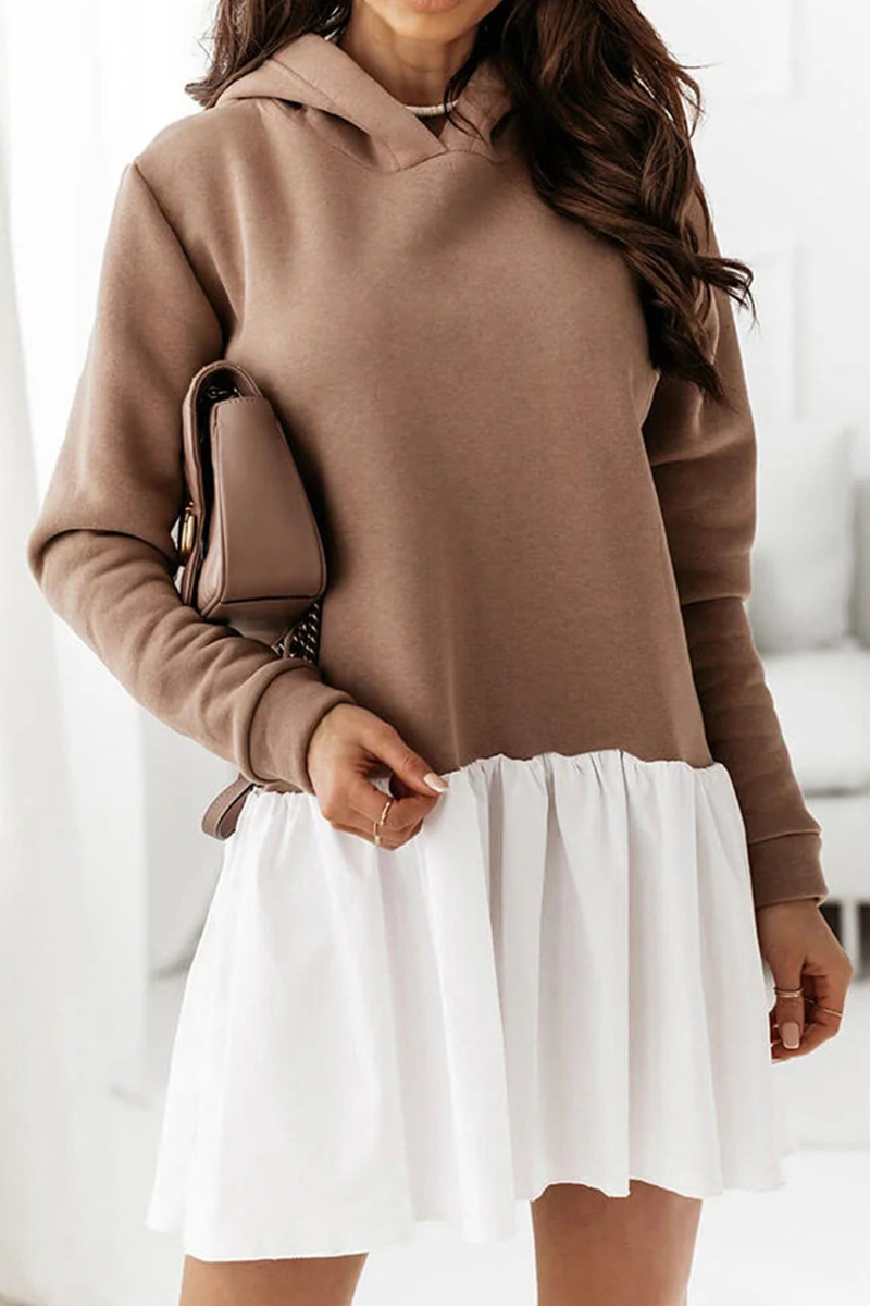 Fashion Casual Patchwork Fold  Contrast Hooded Collar A Line Dresses - Fashionpara