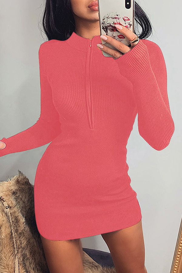 Fashion Street Solid Split Joint Zipper Collar Pencil Skirt Dresses(10 colors) - Fashionpara