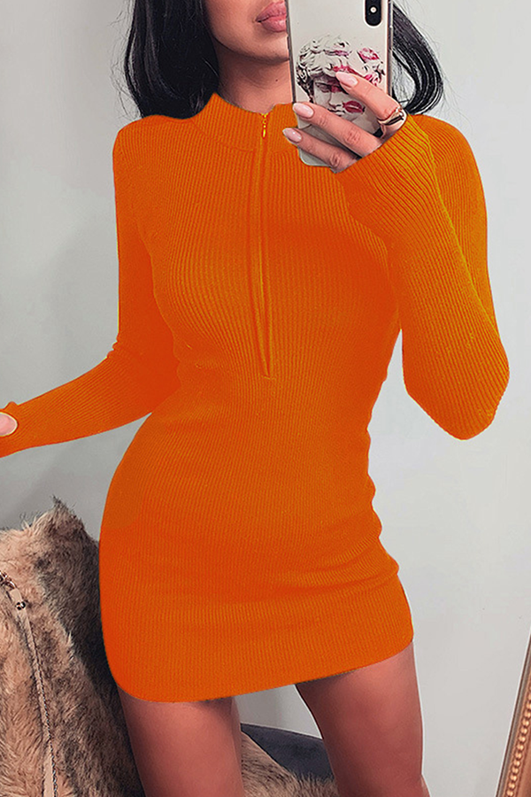 Fashion Street Solid Split Joint Zipper Collar Pencil Skirt Dresses(10 colors) - Fashionpara