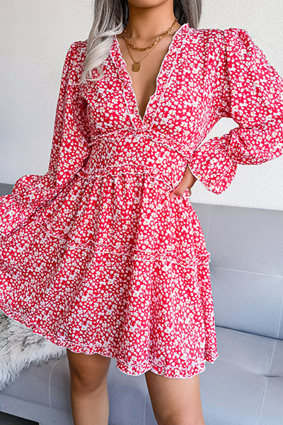 Casual Elegant Floral Split Joint Stringy Selvedge V Neck Waist Skirt Dresses - Fashionpara