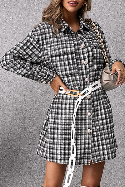Fashion Casual Plaid Pocket Buckle Shirt Dress Dresses (Without Belt) - Fashionpara
