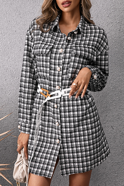 Fashion Casual Plaid Pocket Buckle Shirt Dress Dresses (Without Belt) - Fashionpara