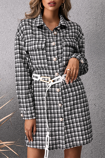 Fashion Casual Plaid Pocket Buckle Shirt Dress Dresses (Without Belt) - Fashionpara