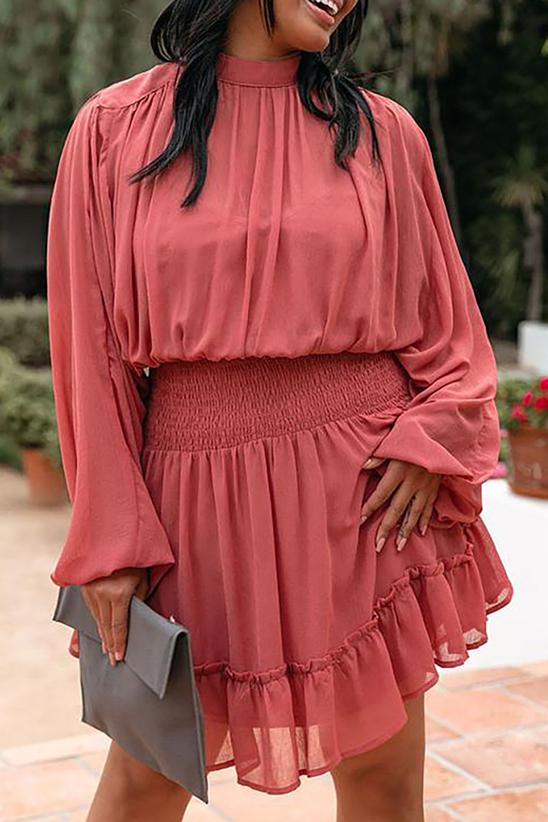 Fashion Casual Solid Flounce Fold Half A Turtleneck Waist Skirt Dresses(4 colors) - Fashionpara