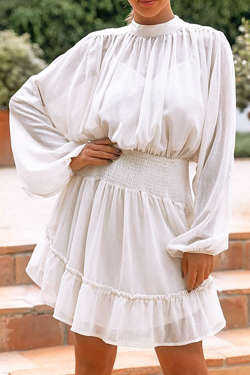 Fashion Casual Solid Flounce Fold Half A Turtleneck Waist Skirt Dresses(4 colors) - Fashionpara