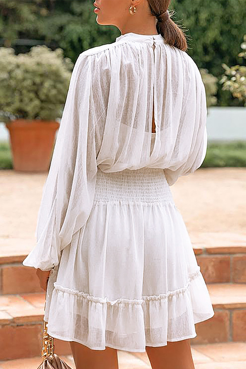 Fashion Casual Solid Flounce Fold Half A Turtleneck Waist Skirt Dresses(4 colors) - Fashionpara