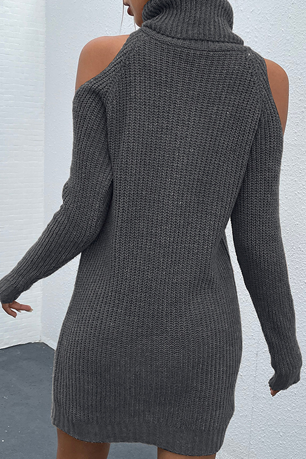 Casual Elegant Solid Hollowed Out Patchwork Turtleneck Dresses Sweater (Without Belt) - Fashionpara