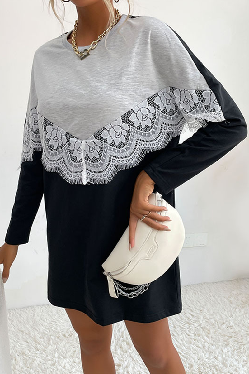 Street Patchwork Lace  Contrast O Neck Dresses - Fashionpara
