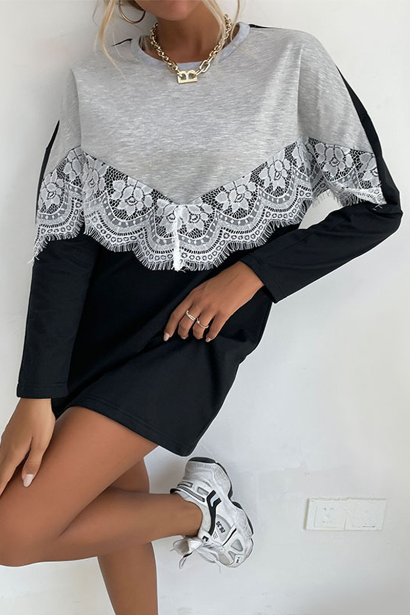 Street Patchwork Lace  Contrast O Neck Dresses - Fashionpara