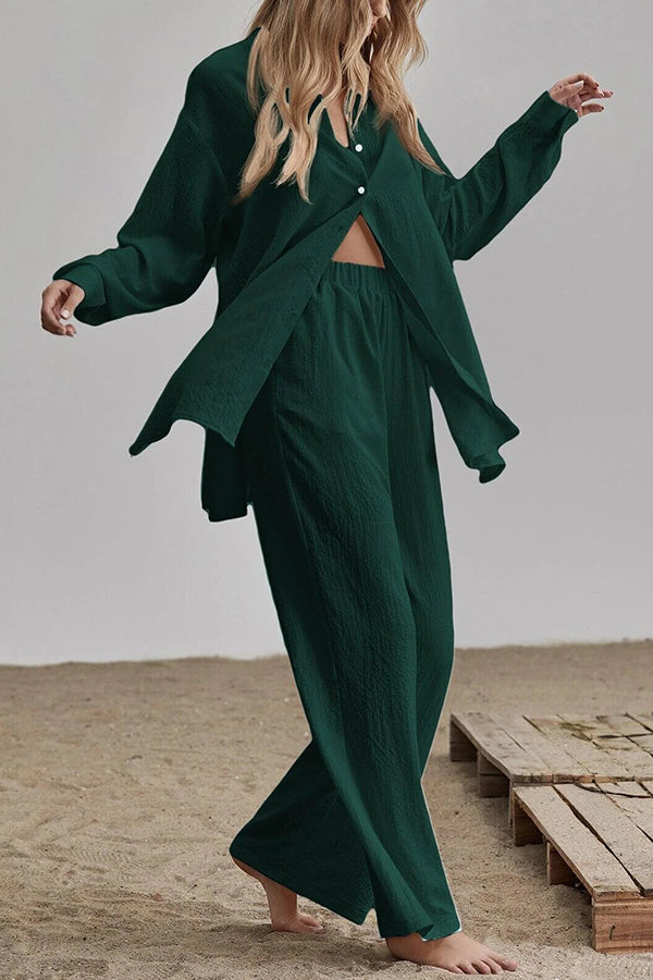 Button Blouse Wide Leg Pants Set - Fashionpara