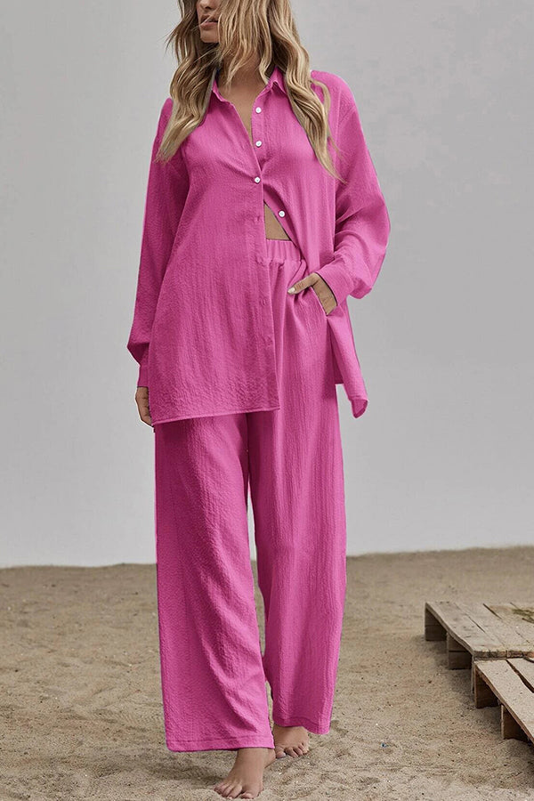 Button Blouse Wide Leg Pants Set - Fashionpara
