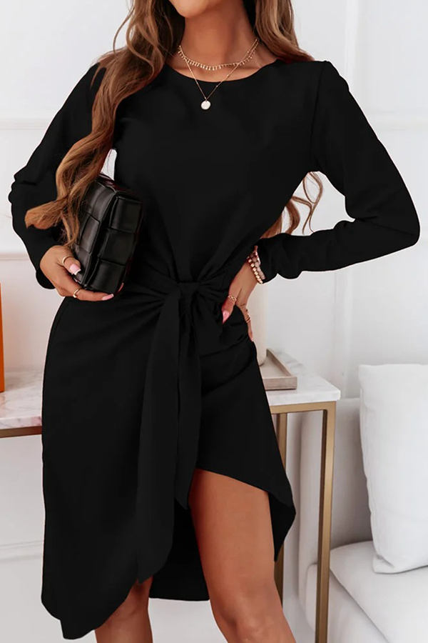 Fashion Elegant Solid With Belt  O Neck Long Sleeve Dresses(3 colors) - Fashionpara