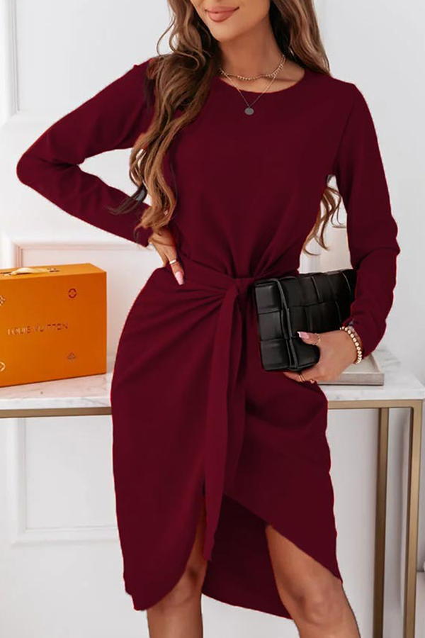 Fashion Elegant Solid With Belt  O Neck Long Sleeve Dresses(3 colors) - Fashionpara