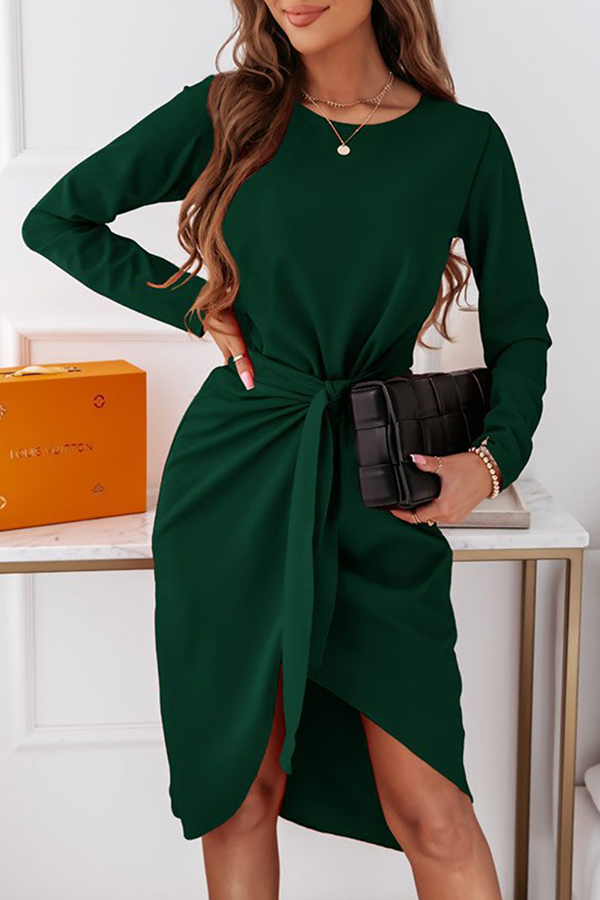 Fashion Elegant Solid With Belt  O Neck Long Sleeve Dresses(3 colors) - Fashionpara