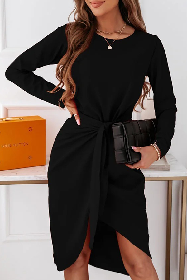 Fashion Elegant Solid With Belt  O Neck Long Sleeve Dresses(3 colors) - Fashionpara