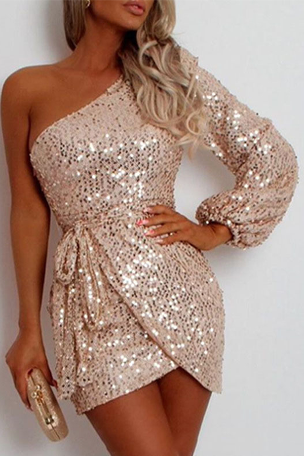 Fashion Elegant Solid Sequins With Belt Oblique Collar Evening Dress Dresses - Fashionpara