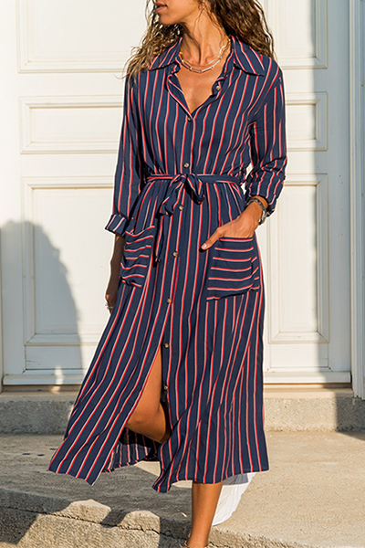 Fashion Casual Print Pocket Buckle Turndown Collar Shirt Dress Dresses - Fashionpara