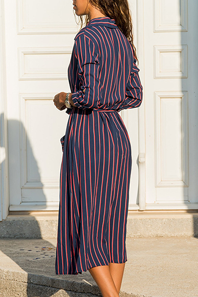 Fashion Casual Print Pocket Buckle Turndown Collar Shirt Dress Dresses - Fashionpara