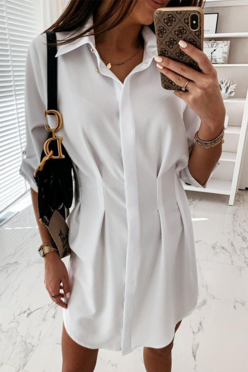 Fashion Casual Solid Buckle Fold Turndown Collar Shirt Dress Dresses - Fashionpara